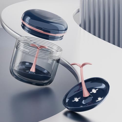 Retainer case, Denture Bath Cup，Retainer Cleaner Case Box,Night Mouth Guard Case Holder,Storage Soak Container with Drain Tray for Travel Cleaning with Mirror and Brush - color: Blue