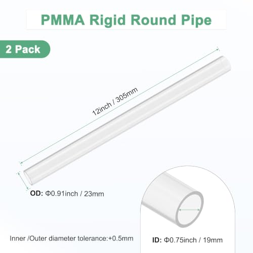 M METERXITY 2-Pack Clear Rigid Acrylic Pipe, 19mm[0.75"] ID x 23mm[0.91"] OD Plastic Round Tube for Water Cooling System/Lamps/Fountains/Aquariums/Display Stand, Acrylic Tubing [305mm/12IN] - size: 19mm ID x 23mm OD