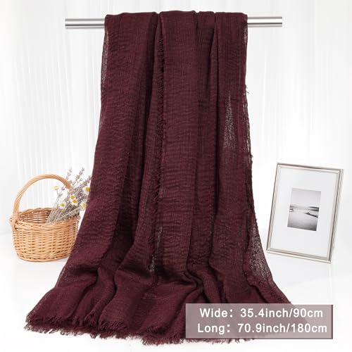 Nydotd Women Summer Cotton Linen Scarf Crinkle Long Beach Shawl Wrap hijab with Fringe - color: Deep Burgundy