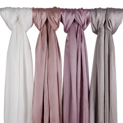 Febfim 4PCS Muslim Women Natural Wrinkle Long Satin Crepe Hijab Set Scarves Smooth Crinkle Ladies Shawl Wrap Set - color: Color 1