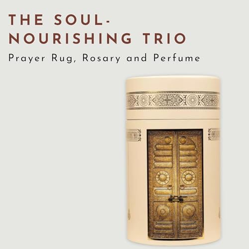 Islamic Prayer Rug 4 Pcs Gift Set with Kaaba Design Box | Sajadah, Tasbih, Perfume | Suitable for Ramadan, Eid, Travel, or Home (Gold, Standart) - color: Gold