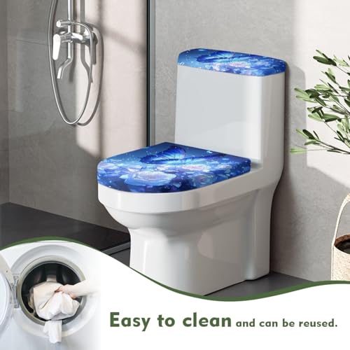 Blue Butterfly Print Toilet Lid Covers with Tank Covers Toilet Seat Cover Dustproof Stays in Place Home Decor Fits Most Toilet Lids - color: Bling Butterfly Print