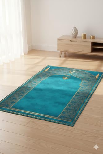 Prayer Rug Knee Pain Relief Soft Carpet Seccade Turquoise 110x70cm Polyester Felt Mat Non-Slip Dot Backing Washable Islamic Prayer Mat - Turquoise, 43x28 inch