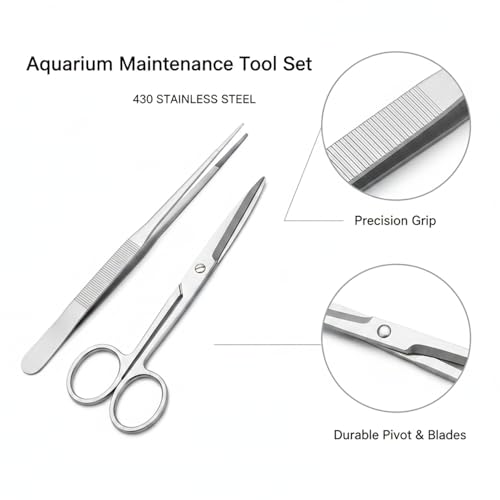 Aquarium Maintenance Tool Set - 430 Stainless Steel Long Reach Scissors, Tweezers & Sand Shovel for Fish Tanks - size: 18.9 x 0.98 x 0.31 in