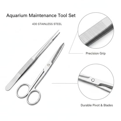 Aquarium Maintenance Tool Set - 430 Stainless Steel Long Reach Scissors, Tweezers & Sand Shovel for Fish Tanks - size: 18.9 x 0.98 x 0.31 in