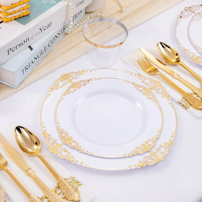 Hioasis 175pcs White and Gold Plates - White Party Plates for 25 Guest, Include 50 Heavy-duty Plates(20% Thicker Than Standard), 25 Cutlery Set, 25 Napkin, 25 Cups for Party & Wedding & Graduation - color: White and Gold