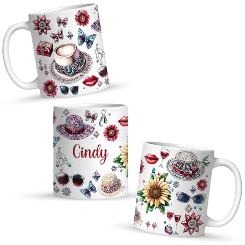 Customized Name White Coffee Mug, Personalized Women's Day Ceramic Cup, Sparkling Hat With Sunflowers And Butterflies Mug, Custom Full Wrap Mug 11oz 15oz, Gift For Women On Holiday - color: XUA-1124-3662-Women's Day Mug