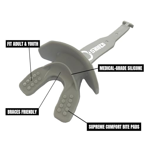 O Shield Striker Football Lip Guard with Permanent Strap | Football Lip Guard with Permanent Strap — Front Teeth, Lip, and Full Bite-Surface Coverage, No-Boil Ready Fit - color: Grey/Silver