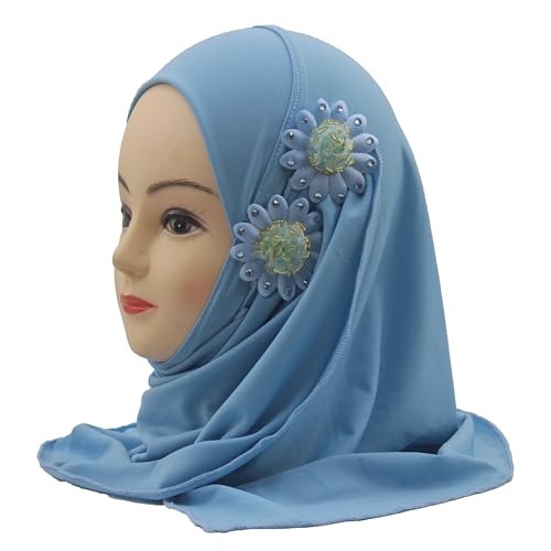 Soft Instant Hijab for Kids Girls Muslim Headscarf Islamic Scarf Shawl Wrap with Flowers - color: Sky Blue-2 Flowers