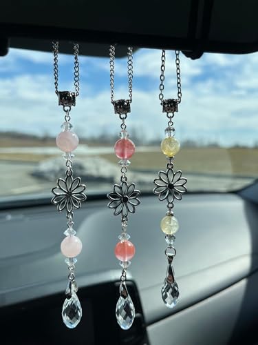 Flower Rear View Mirror Car Charms,Crystal Boho Car Mirror Hanging Decor for Women Men Healing Blue Aquamarine Sun Catcher Cute Decorations Accessories