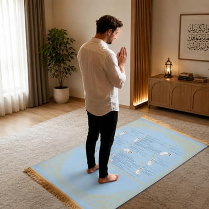 Prayer Mat with Instructions, Suede Muslim Prayer Rug for Beginners | suede prayer mat with Arabic, English, and transliteration guidance for home, school, travel, kids, and reverts. - color: Blue