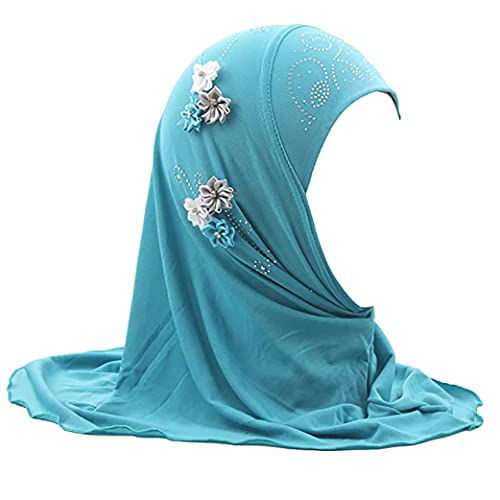 Girls Muslim Hijab Floral Lace Head Scarf Kids Islamic Arab Scarf Shawls Head Wrap with Flowers - color: Green (6 Flowers)