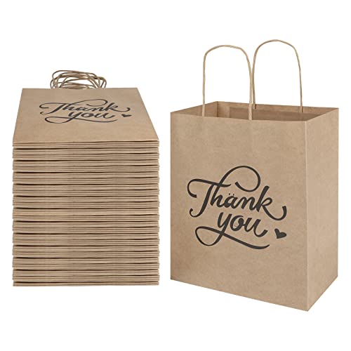 bagmad 100 Pack 8x4.75x10 Inch Medium Brown Paper Gift Bags with Handles Bulk, Thank You Kraft Paper Bags for Party Favors Grocery Retail Shopping Wedding Craft Sacks (Plain Natural, 100pcs Count) - color: Brown-a