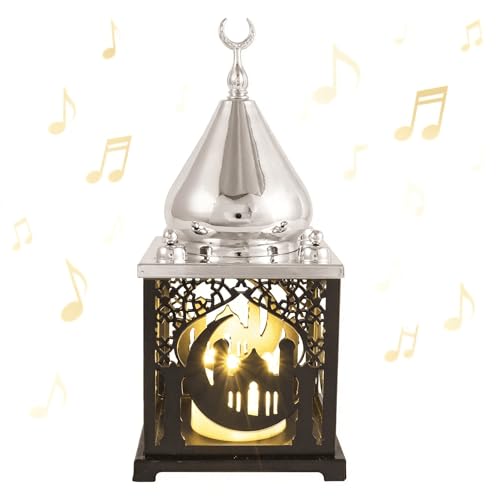 11.4" Metal Ramadan Lantern Lights with Music, Silver Black Mosque Moon Lamp Decorative Candle Holder Table Centerpieces Decor, Eid Mubarak Decorations for Home Mantel, Islamic Muslim Gift