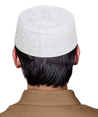 Ibluelover Men Muslim Prayer Kufi Hat Breathable Embroidery Kofia Topi Sunhat Islam Kufi Headware Praying Beanie - color: White