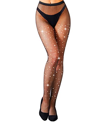 MengPa Women's Fishnets Tights High Waist Stockings Party Thigh High Pantyhose - color: Rhinestone-black