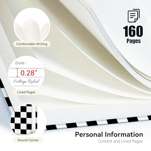 Lined Spiral Journal Notebook, A5 College Ruled Spiral Notebook for Women, Hardcover with Elegant Design for Work and Note-Taking, 5.5 * 8.25 inch, 160 Pages, Black and White Checkered Pattern - color: Black and White Checkered Pattern