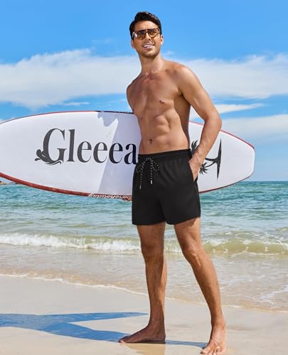 Gleeease 5 Inch Mens Swim Trunks with Compression Liner Men's Bathing Suit | Mens Swim Shorts 4 Pockets Quick Dry 2 in 1 Water Resistant Solid Stretch Breathable Surfing Beach Elastic Waistband Swimsuit - color: Solid Black, size: Large