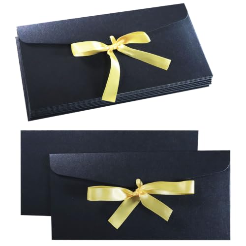 10 Pack Black Thick Pearlescent Color Envelopes With Ribbons - color: Black