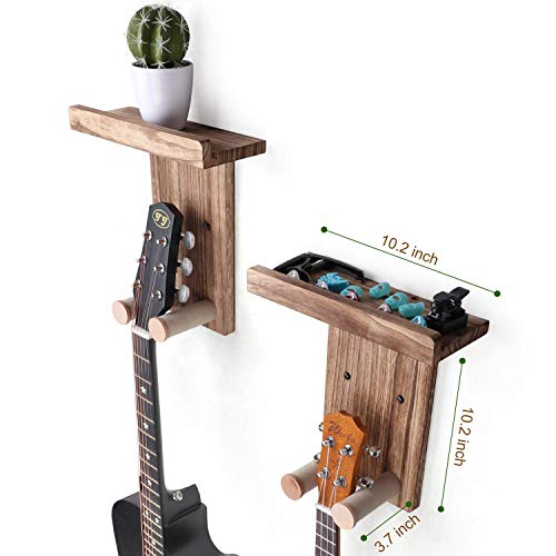 Keebofly Guitar Wall Mount Hanger with Shelf & Pick Holder | 2 Pack Wood Guitar Stand Holder Wall, Universal Guitar Hook for Acoustic, Electric, Bass Guitars, Ukulele, Brown, [Patented] - color: 2 Pack_Rustic Brown