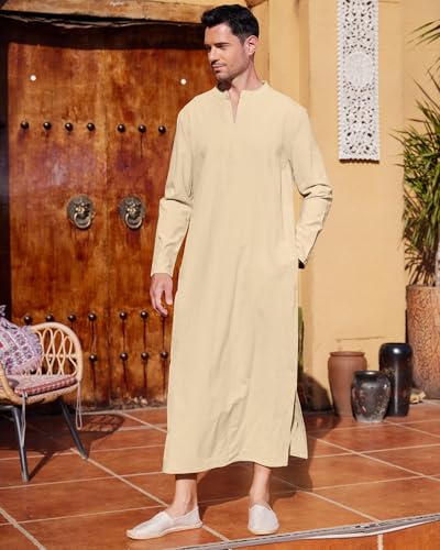 LVCBL Kaftan Thobe for Men Big And Tall Muslim Robe Mens Long Sleeve Caftan - color: Khaki, size: Medium