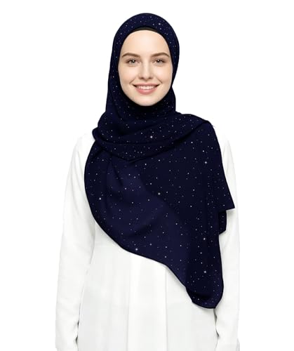 Lina & Lily Sparkle Shimmer Gold Glitter Women's Chiffon Hijab Head Scarf Shawl Wrap Lightweight - color: Navy Blue