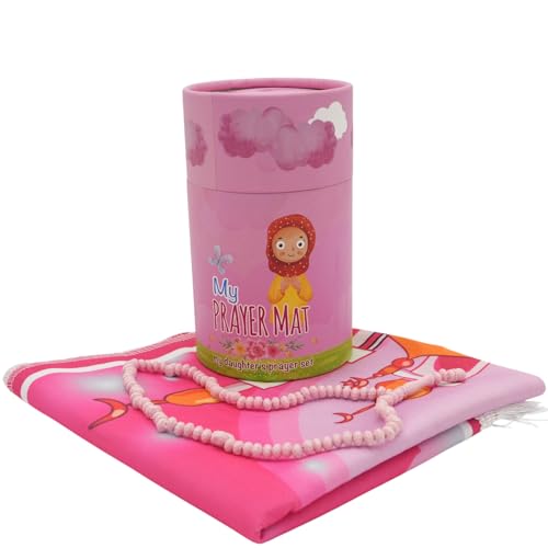 Modefa Turkish Islamic Child Prayer Rug Gift Set - Thin Praying Carpet for Boys and Girls - Muslim Digital Print Kids Prayer Mat Gift Ramadan or Eid with Tesbih Prayer Beads - Pink