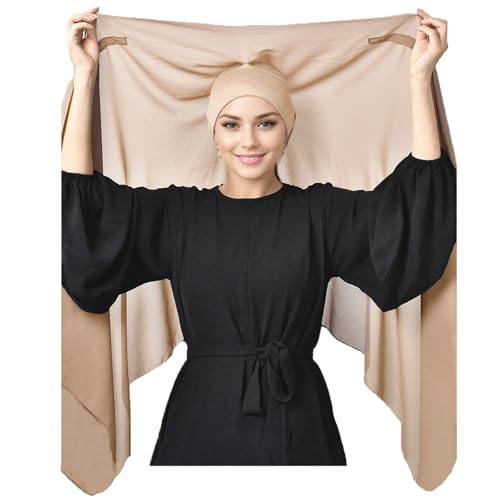 Instant Chiffon Hijab Set 3-in-1 Hijabs Scarf with Built-in Magnets and Undercap Head Wraps with Modal Cap - color: Almond 14#