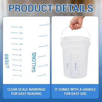 Didaey 2 Pack Clear 5 Gallon Bucket with Handle, Graduated Measuring Mixing Bucket Pail HDPE BPA-Free Storage Container Leakproof for Stirring Mixing Liquids