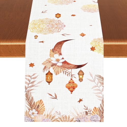 Ramadan Eid Mubarak Table Runner, Rustic Ramadan Kareen Mosque Lantern Islamic Moon Floral Golden Mandala Star Seasonal Kitchen Dining Table Scarf for Kitchen Living Room Home Party Decor 13"x90" - color: Ramadan03, size: 13x90" Table Runner