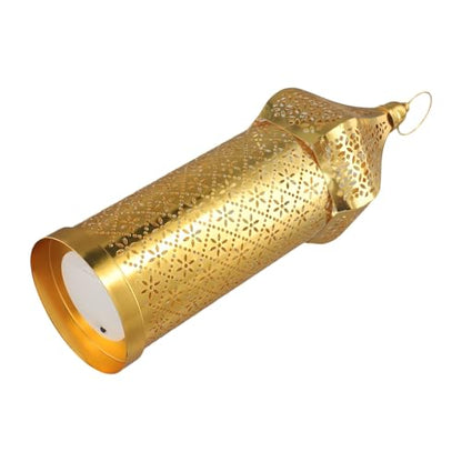 for Moroccan Golden Hollow Iron Lantern for Ramadan Home Decoration, Battery-Operated Light Ornament for Eid, Weddings, Festivals, Tabletop Use, Gold