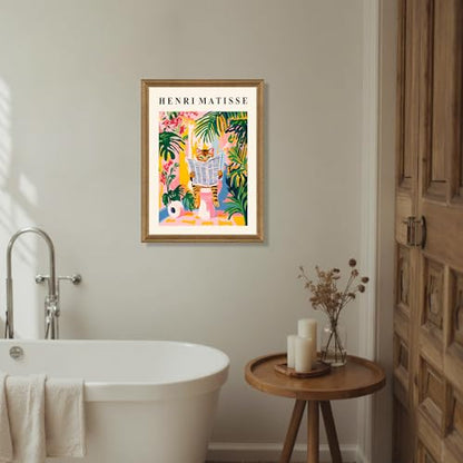ICHZUMW Framed Funny Tabby Cat Matisse Canvas Bathroom Wall Art, 16x24 In - color: Matisse Reader, size: 24"L x 16"W
