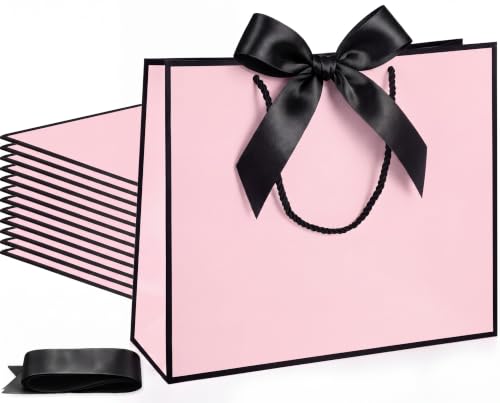 Silkfly 12 Pcs Paper Gift Bags with Handles & Bow Ribbon, Pink, Black - color: Pink, Black