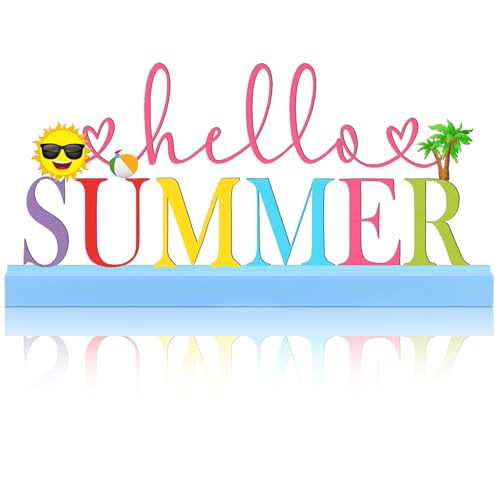 Yaocom 11.81 Inch Hello Summer Metal Table Sign with Wooden Base - style: Summer