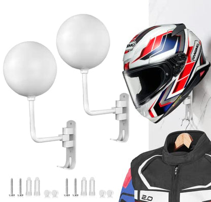 SNAGMO White 180° Motorcycle Helmet Rack, Rotation Metal Helmet Holder Wall Mount, Helmet Holder Bike with 2 Hooks Helmet Hanger for Motorcycle Bike Coats, Caps, Baseballs, Rugby Helmet (2 pcs) - color: White*2
