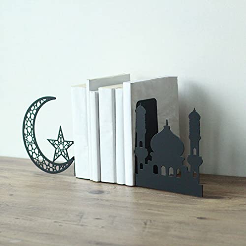Handmadeworksshop | Crescent and Masjid Islamic Metal Bookend | Home Decor or Islamic Decor for Table or Shelves | Set of 2 Black Steel Bookends - color: Black