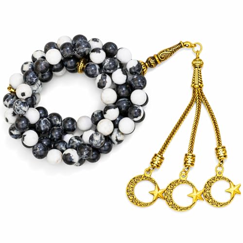Amazing Gemstone Crystal Tasbeeh with Moon and Star Charm - Certified Crystal Muslim Prayer Beads Natural Gemstone Tasbih Gift for Ramadan Dhikr and Daily Namaz (G) - color: Black and White Jasper