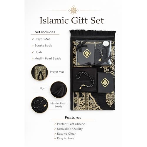 SAJADAH Muslim Prayer Rug Set - 4 in One Islamic Gifts Set, Prayer Mat, Prayer Beads, Hijab, Surahs Book,Eid Gifts - color: Black