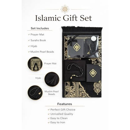 SAJADAH Muslim Prayer Rug Set - 4 in One Islamic Gifts Set, Prayer Mat, Prayer Beads, Hijab, Surahs Book,Eid Gifts - color: Black