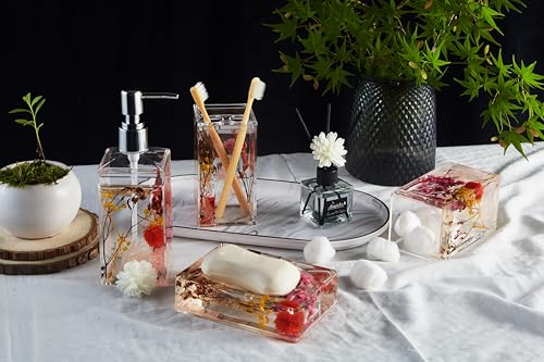 Bathroom Vanity Accessory Set Acrylic Liquid 3D Floating Motion Toothbrush Holder, Tumbler, Soap Dispenser, Soap Dish, Toilet brush, 5-Piece Accessory Set Garden Botanic Pink Plants - size: 5-piece, style: Pink Plant