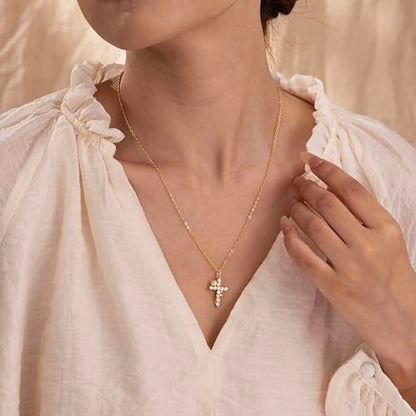 Robaice Upgraded Crown Cross Necklace for Women, 14K Gold Plated - color: C Flower Cross, Gold