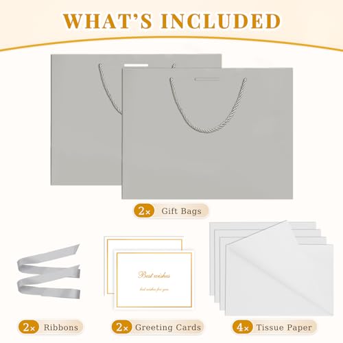 ANZNKU 2PCS Gray Gift Bags Medium for Women & Men, Gift Bags with Handles 4 Tissue Paper 2 Ribbons 2 Cards for Wedding Birthday Bridal Baby Shower Graduation Engagement Party Favors Present Wrap Set - color: Cloudy Gray