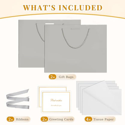ANZNKU 2PCS Gray Gift Bags Medium for Women & Men, Gift Bags with Handles 4 Tissue Paper 2 Ribbons 2 Cards for Wedding Birthday Bridal Baby Shower Graduation Engagement Party Favors Present Wrap Set - color: Cloudy Gray