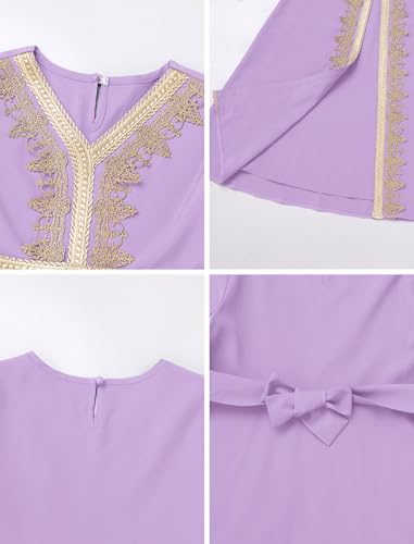 Muslim Dress for Kids Girls Abaya Middle East Ramadan Long Sleeve Lace Prayer Dress Arabic Kaftan with Belt - color: Light Purple, size: 3-4T