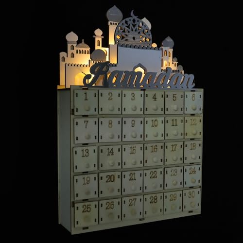 LABRIMP Ramadan Countdown Calendar with 30 Mini Drawers and LED Light - Muslim Eid Festival Party Decoration Wooden Ramadan Advent Calendar for Home Decor