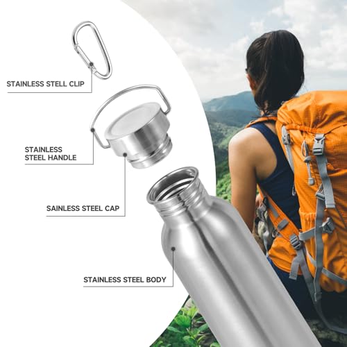 Volhoply 26oz Uninsulated Single Walled Water Bottle, Stainless Steel Reusable Water Bottles with Handle & Carabiner, BPA Free Wide Mouth Water Bottles for Gym Sports Camping(Silver,1) - color: Silver