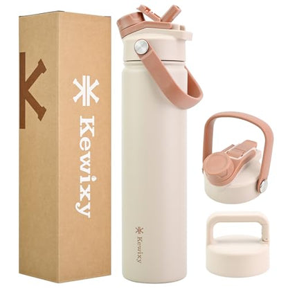 24 oz Insulated Water Bottle, 2-in-1 Lid, Straw & Spout with Protected, Leak Proof, Keep Cold 24H, Cup Holder Fit, Stainless Steel, Metal, Reusable, for Travel, Gym and School, 2 Lids, Mousse - color: Mousse, size: 24 Ounces