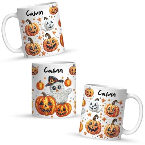 Personalized Sparkling Halloween Stickers Full Wrap Mug, Customized Name Coffee Cup 11oz 15oz, Customized Halloween Ghost And Pumpkin Ceramic Mug, Festive Autumn White Cup For Family - color: XUA-1124-3651-Halloween Mug