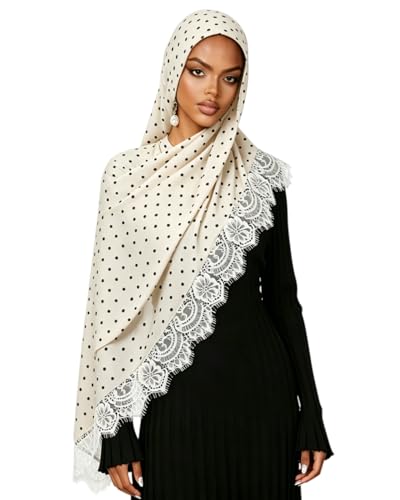 JUMISEE Elegant Floral Lace Hijab Scarf for Women Soft Cotton Head Wrap Instant Hijab Long Scarves Evening Dress Shawl - color: Beige Polka Dot