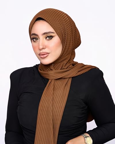 Instant Hijab For Women | Head Wrap100% Cotton Rib Headscarf | Easy to Wear Hijabs with Metal Pin - color: Brown